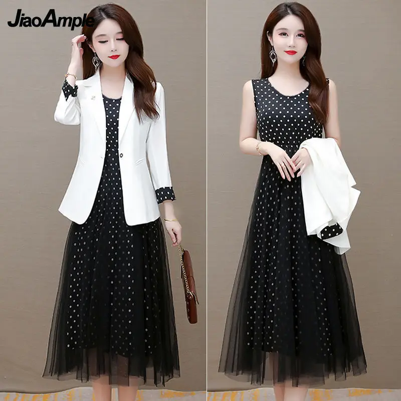 2024 Spring Long-sleeved Suit Polka Dot Mesh Skirt Suit Women's Casual Blazers Black Dress 2 Piece Korean Elegant Business Wear