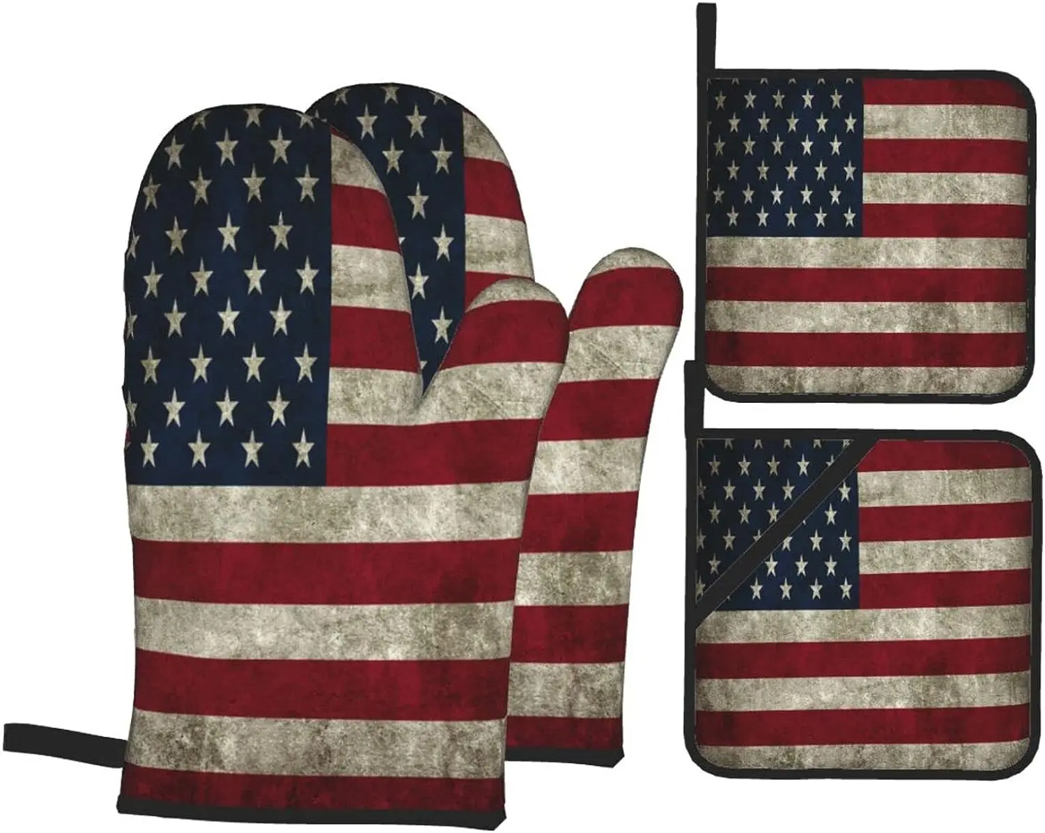 

Retro American Flag Oven Mitts and Pot Holders Sets of 4 Polyester High Heat Resistant Oven Mitts with Oven Gloves and Hot