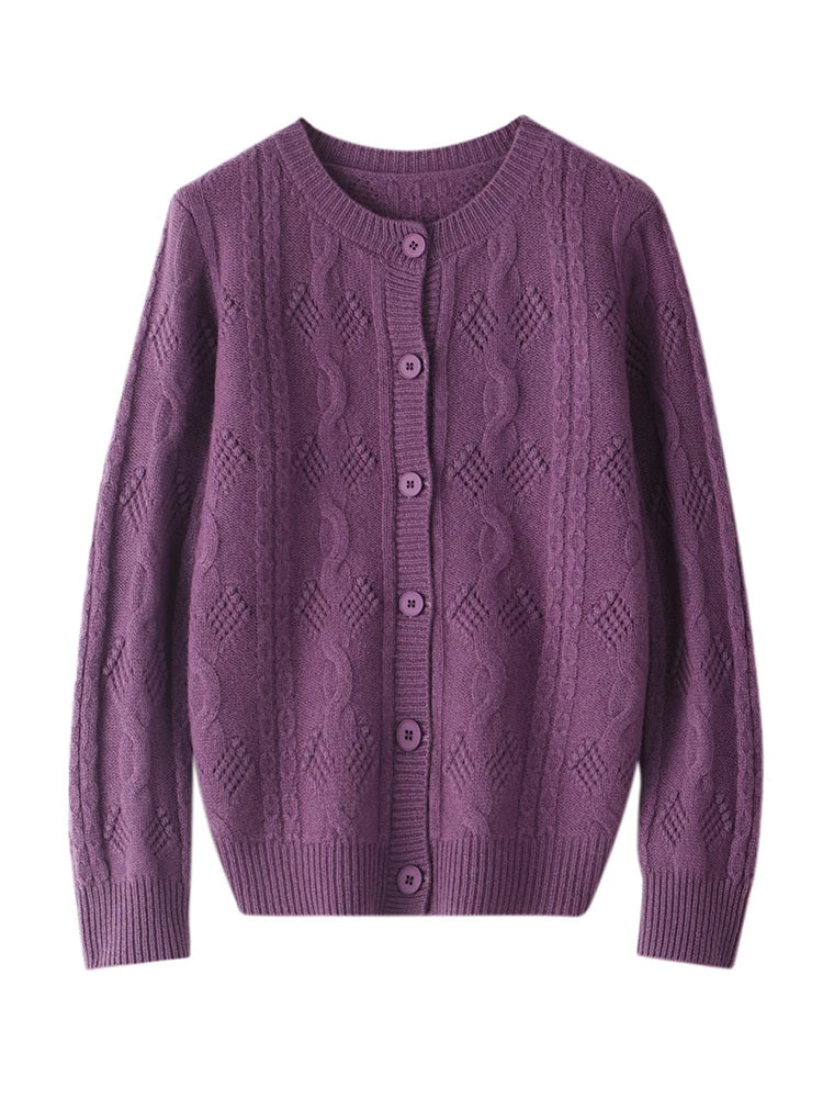 Women's Vintage Hollow Out Merino Wool O-Neck Cardigan