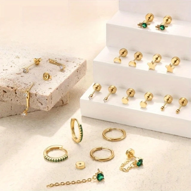 20pcs Stainless Steel Delicate Comfortable Green Gemstone Flat Back Earring Set,Hypoallergenic Small Hoop Earrings Jewelry Gifts 2