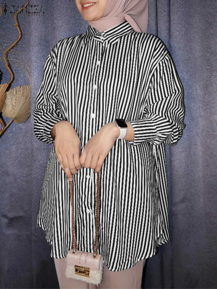 

2024 ZANZEA Casual Striped Printed Muslim Blouse Lapel Neck Long Sleeve Tunic Tops Elegant Islamic Clothing Woman Holiday Shirt