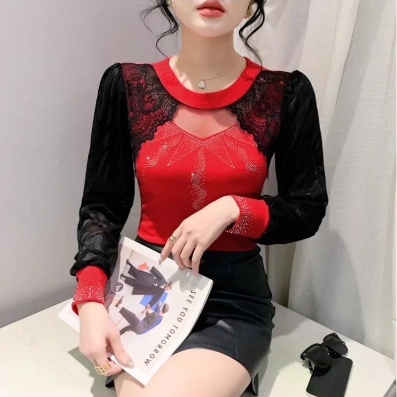 

#9106 черно-красная офисная винтажная кружевная Женская облегающая футболка с вырезами и бриллиантами, Женская облегающая футболка с круглым вырезом