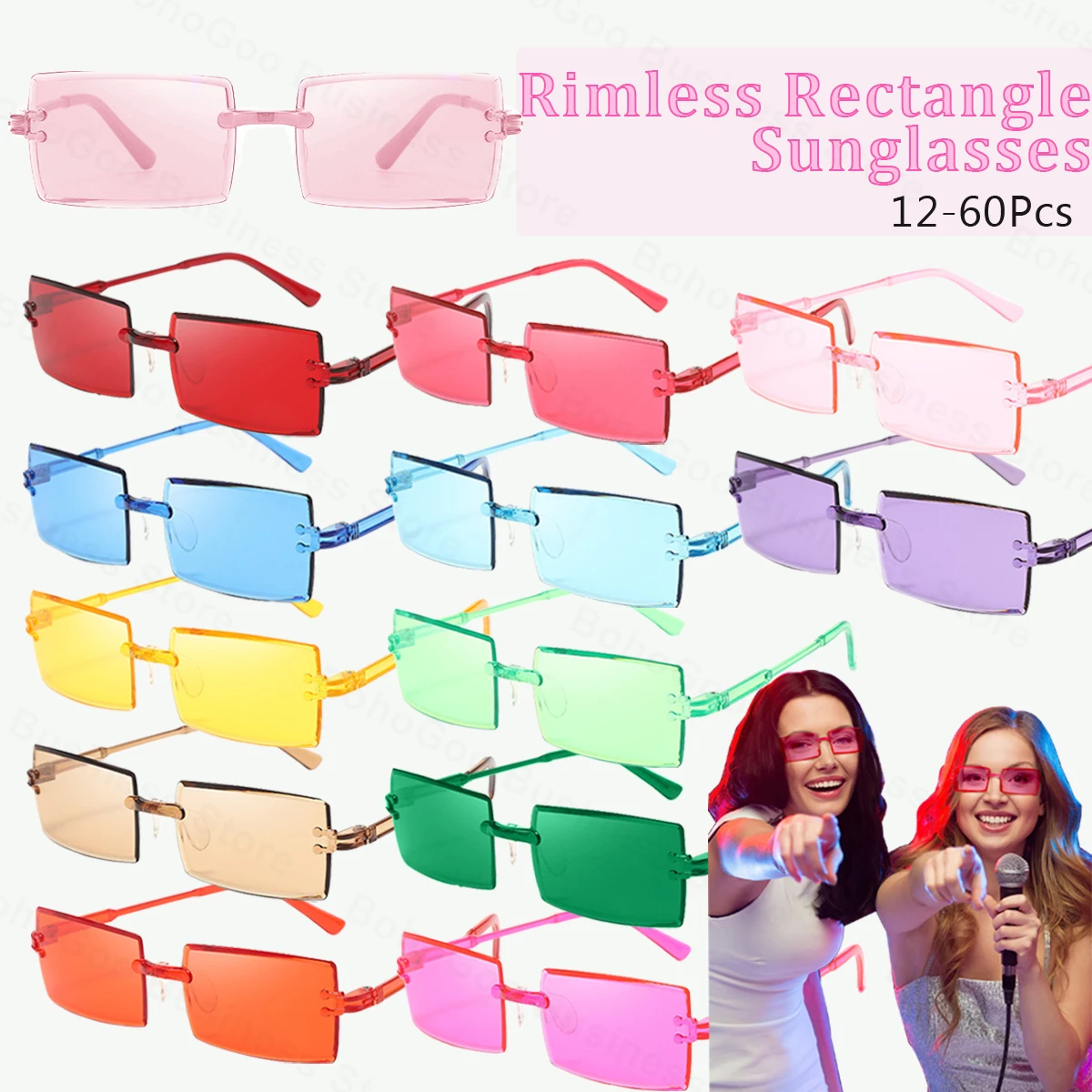 Rimless Rectangle Party Sunglasses Retro Square Glass UV400 Glasses Wedding Birthday Outdoor Decor 12-100Pcs