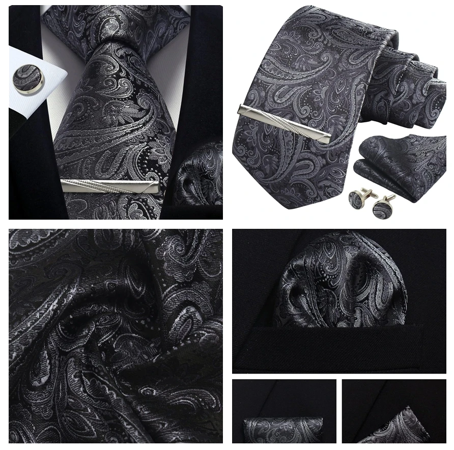 Herren Gold schwarz Paisley Seide Krawatte für Männer Luxus Geschenk klassische Krawatte Taschentuch Manschetten knöpfe Krawatten klammer Set formale Hochzeit Accessoires – Detail 11