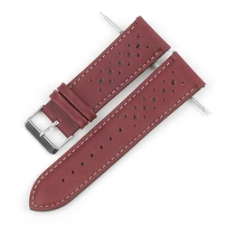 Vintage Handmade Leather Watchband - Black & Brown Breathable Strap - 22mm (Wine Red)