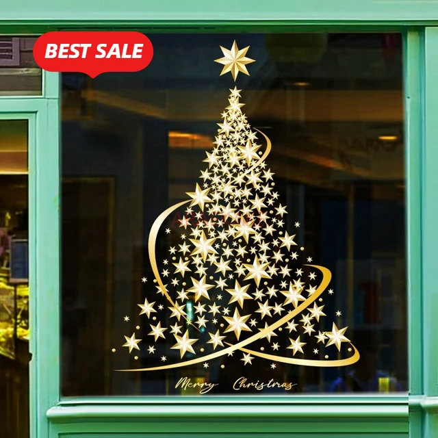 1pc Large Golden Christmas Tree Window Clings Sticker - Glass Decals for Home & Holiday Decorations 2