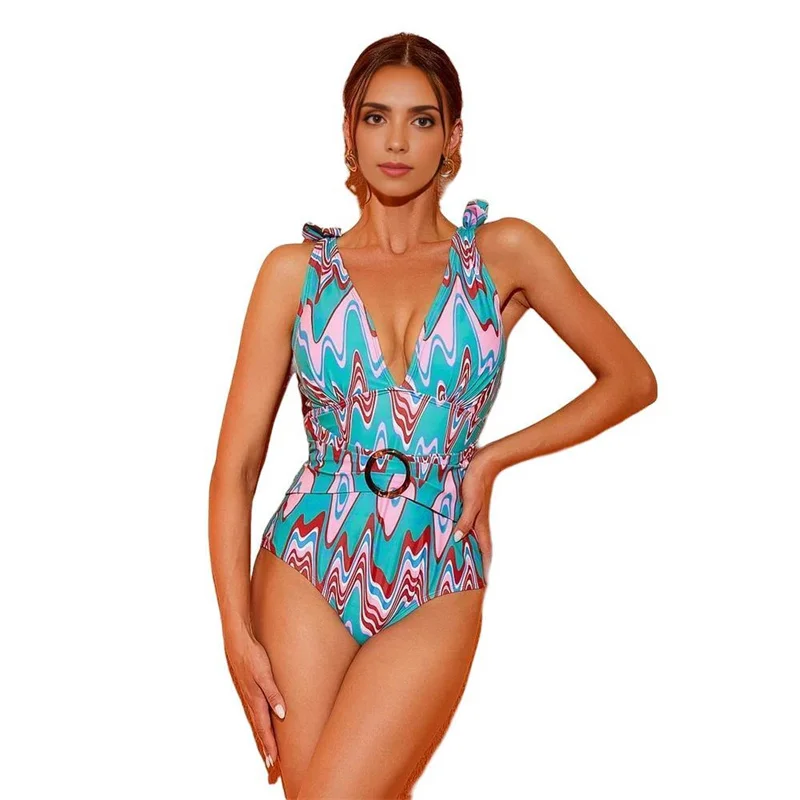 

Green Ripple Print One Piece Swimsuit and Sarong for Women Acrylic Ring Swimwear Female Tassel Beach Wear Bathing Suit