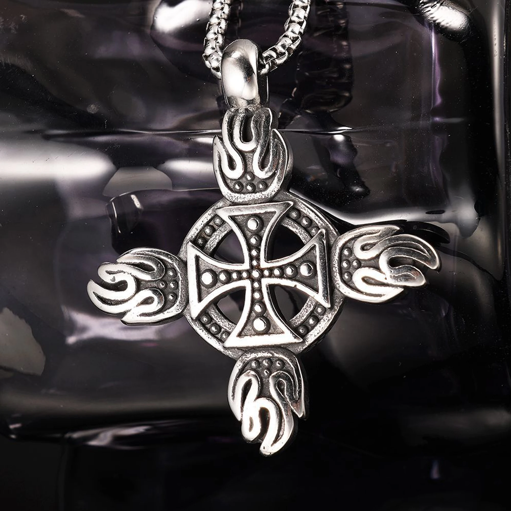Stainless Steel Punk Rock Hip Hop Flaming Cross Pendant Men's Chain Necklace Christmas Gift