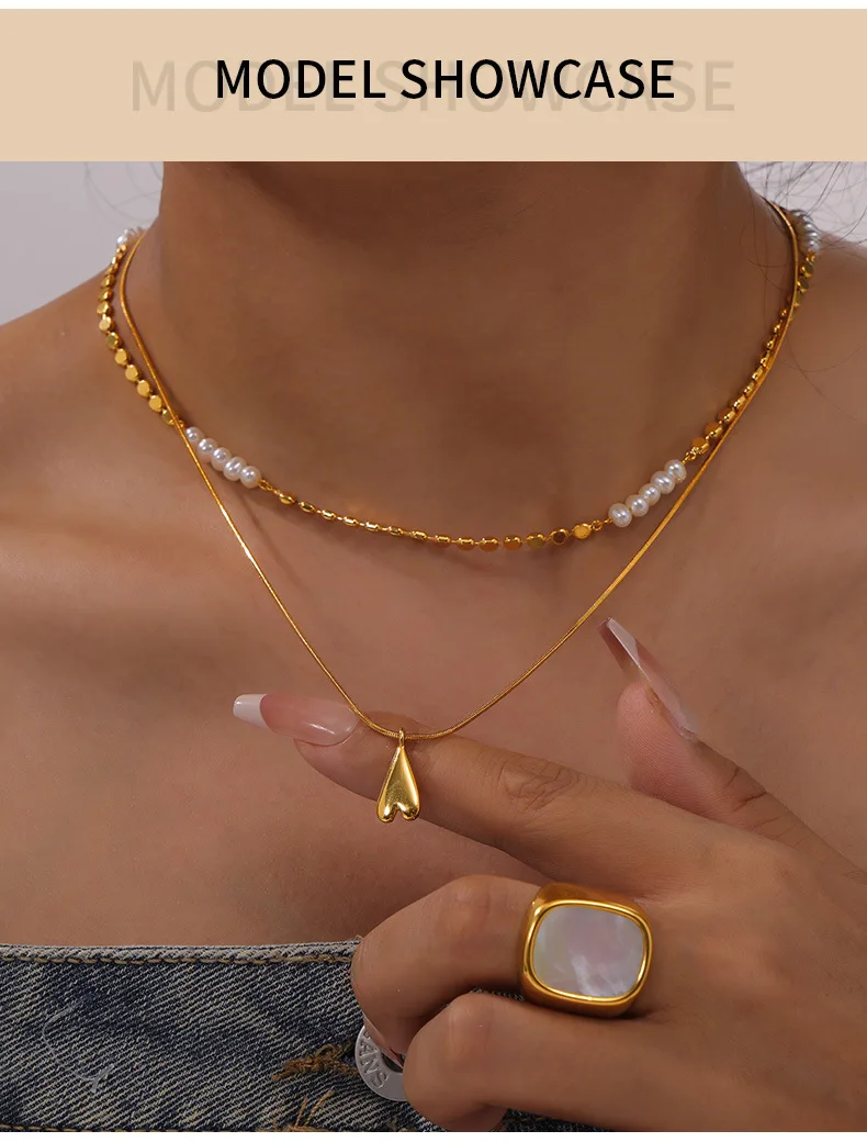 Natürliche Süßwasserperlen-Halskette Luxuriöse Kupferperlen-Herzanhänger Doppelschichtige Ästhetische Halskette Damenschmuck Geschenk – Detail 3