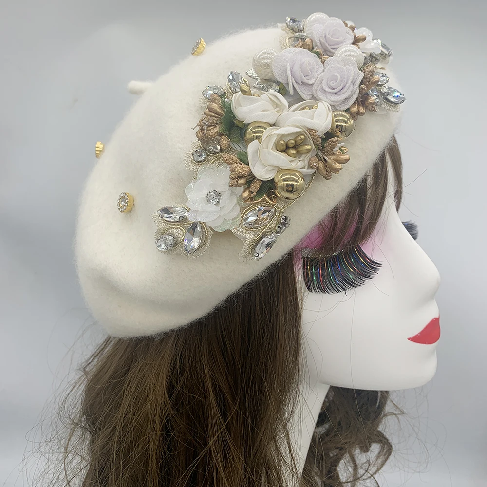 2024 Winter Autumn Women's Beret Hat Flower Diamonds Lady