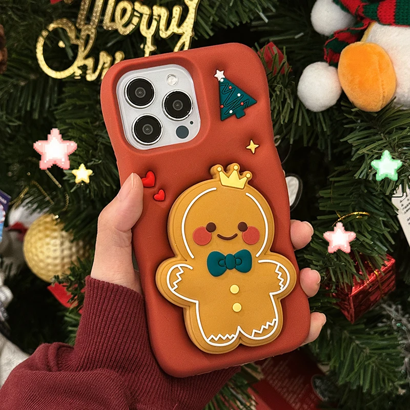 Festive Red Gingerbread Man Folding Bracket Case - Soft Silicone 3D Holder Back Cover