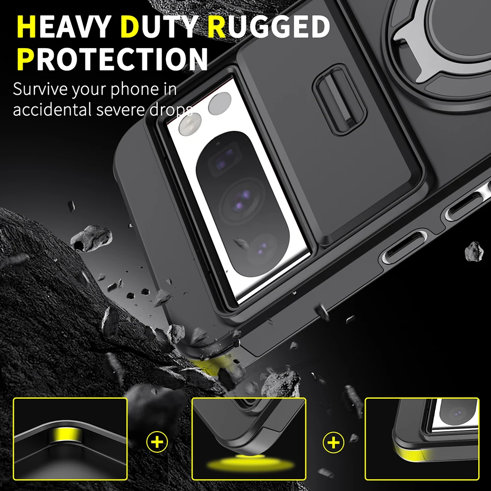 Sergeant Level Shockproof Armor Phone Case with Sliding Camera Protection and Rotating Stand - Enhanced Durability
