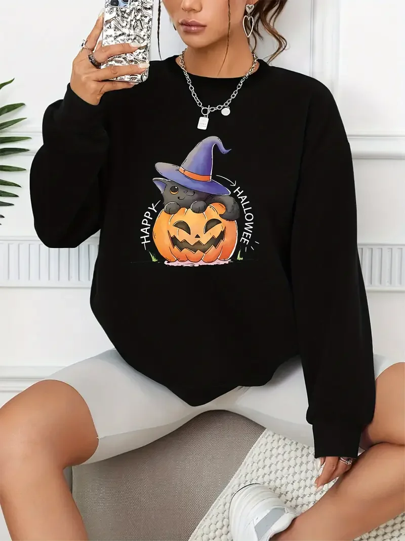 Cute Pumpkins Black Cat Print Casual Loose Fashion Long-Sleeved Pullover Solid Color Women's Swearshirts