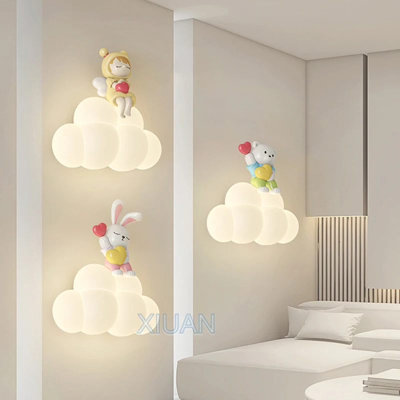 

Cartoon White Cloud Wall Lamps Angel Bear Rabbit Night Light Creative Nursery Bedroom Bedside Wall Mount Lights AC220V LED