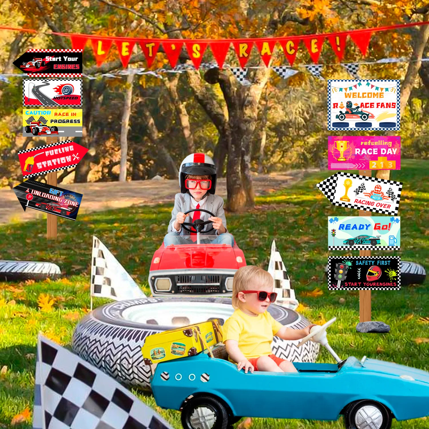 Racing Car Party Signs,10pcs Race Car Birthday Party Decorations Signs Set-Race Birthday Signs,Street Sign&Traffic Signs etc