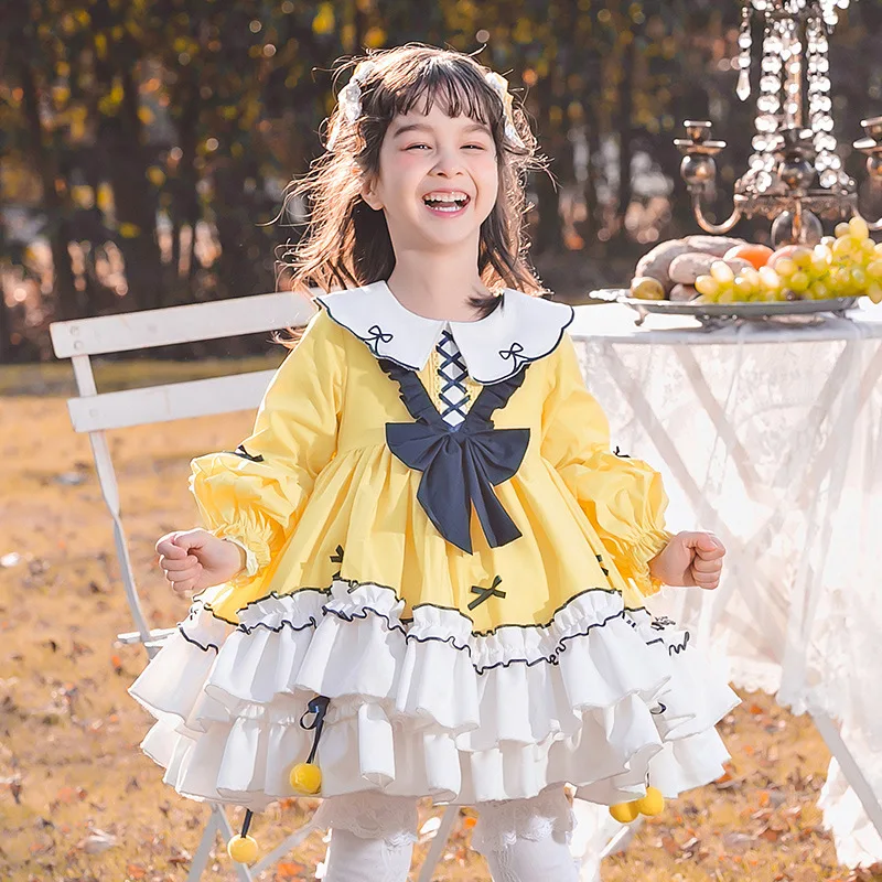 

2022 Spring Lolita Dress For 2-10 Years Girls Long Sleeve Loose Lace Hem Knee Length Ball Gowns Children Kids Casual Dresses