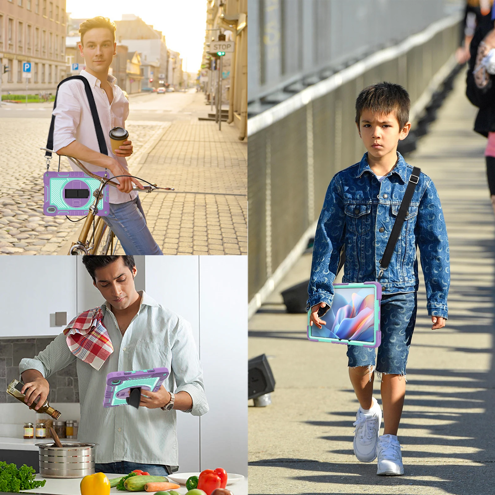 Enhanced Stand Armor Case with 360° Rotatable Hybrid Cover and Shoulder Strap - Shockproof Silicone+PC Design