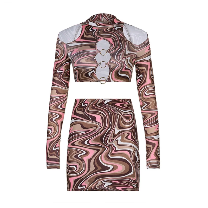 

Women Sexy Striped Outfit Long Sleeve Cold Shoulder O-Ring Crop Top Mini Skirt