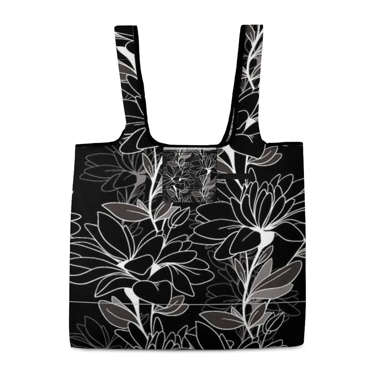 Black Elegant Full Print Handbag Portable Shopper Bag Reusable Portable High Capacity Travel Totebag All Print DIY Design