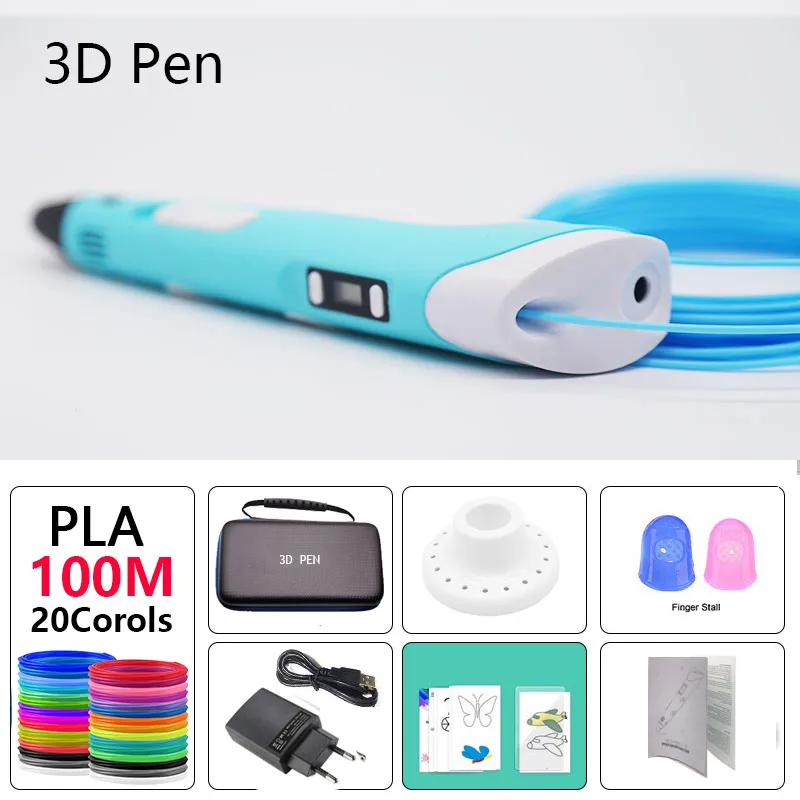 3D Pen with 10/ 20 Colors Non-Repeat Filament PLA 1.75mm, Free Drawing , Pen Case, Creative 3D Graffiti Pen for Kids