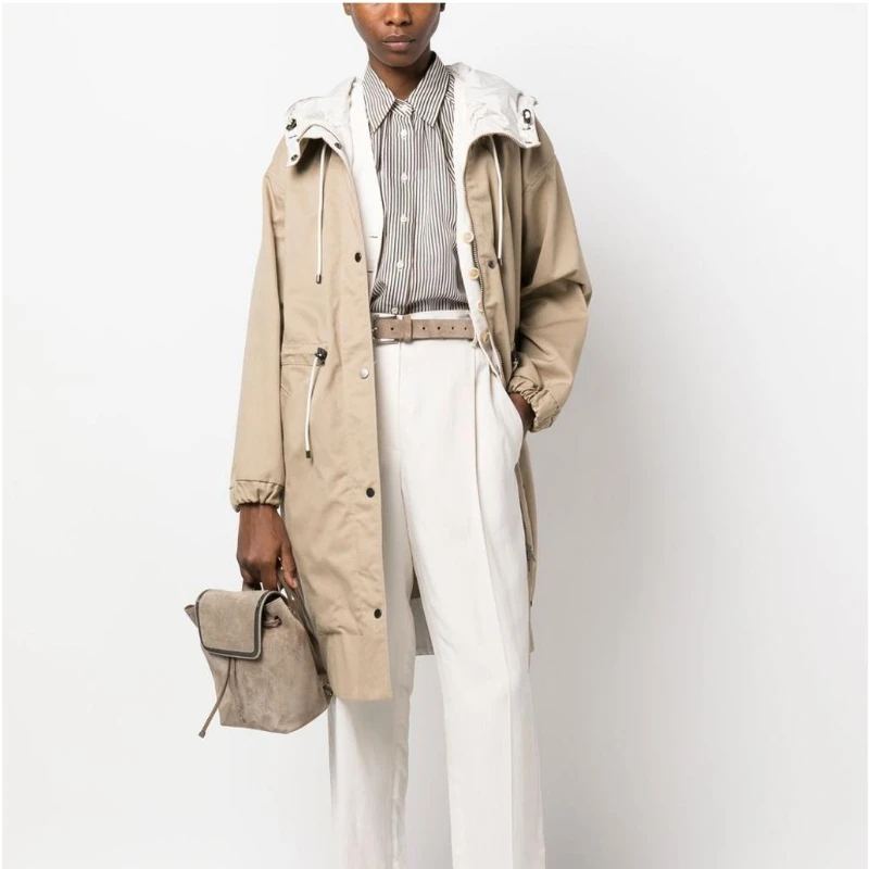 

2023 Autumn and Winter New Women Hooded Waist Drawstring Long Trench Coat