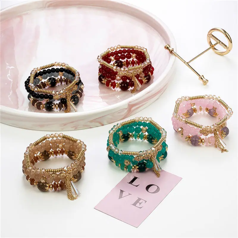 4Pcs Tassel Charm Beads Bracelet Set For Women Colorful Glass Beaded Chain Bangle Female Bohemian Jewelry