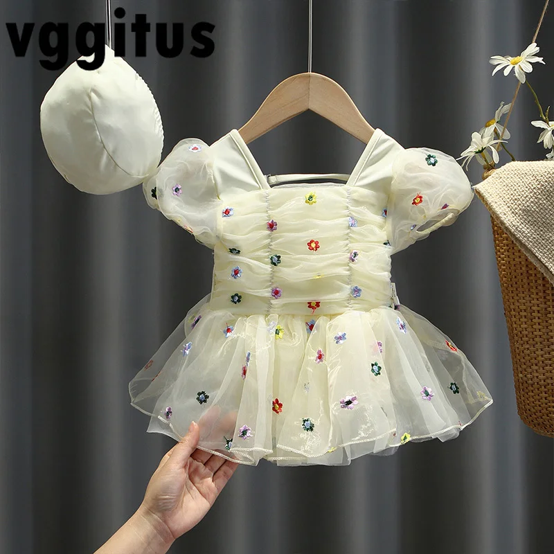 

New Summer Baby Girl Princess Dress Swimsuit Set Short Puff Sleeves Embroidery Infants One Piece Swimwear and Swimming Cap H790