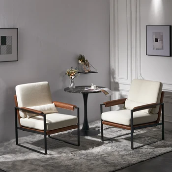 Single Iron Frame Chair Soft Cover Beige Brown Honeycomb Leather Armrest Frame Indoor Leisure Chair 5