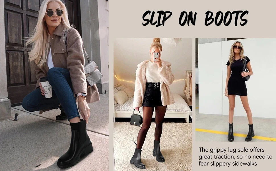 womens black chelsea ankle boots for women chunky platform lug sole boots for women black booties