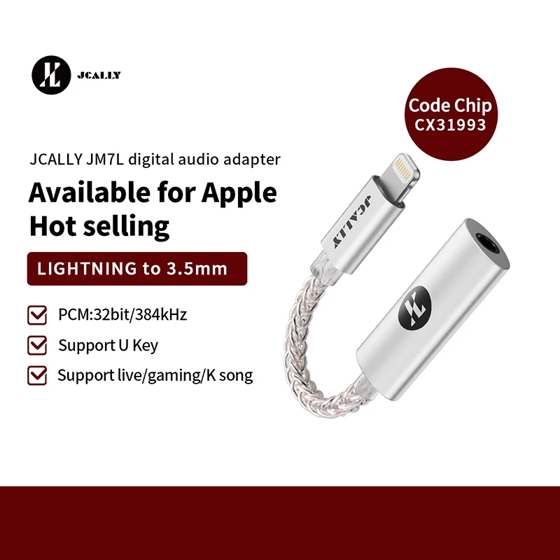 JCALLY-JM7 USB 타입 c/라이트닝 3.5mm 디지털 오디오 케이블 DAC CX31993, 안드로이드/애플 어댑터 디코드 앰프 32bit/384KHz 용