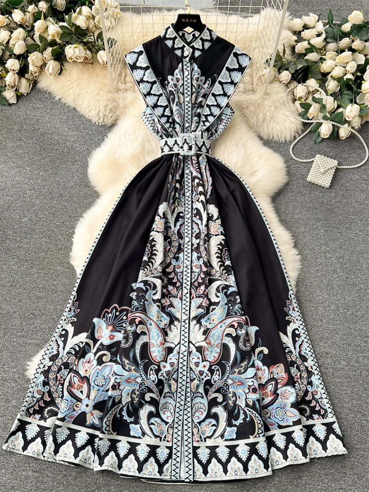 

Богемные длинные платья женские со стоячим вырезом винтажное платье в стиле бохо с принтом без рукавов на пуговицах праздничное элегантное вечернее платье макси с поясом