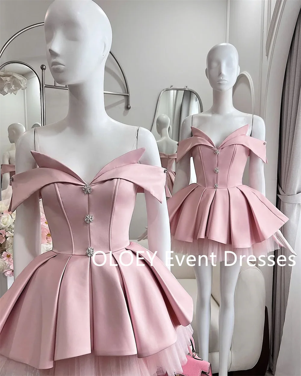 OLOEY Sexy Pink Off Shoulder Short Prom Cocktail Dresses Pleats Crystal Mini Wedding Party Gowns Women Zipper