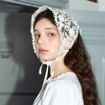 White Woven Floral Lace Hair Scarf Wraps Women Retro Triangle Headscarf Hat Travel Photo Headband Hair Accessories 20