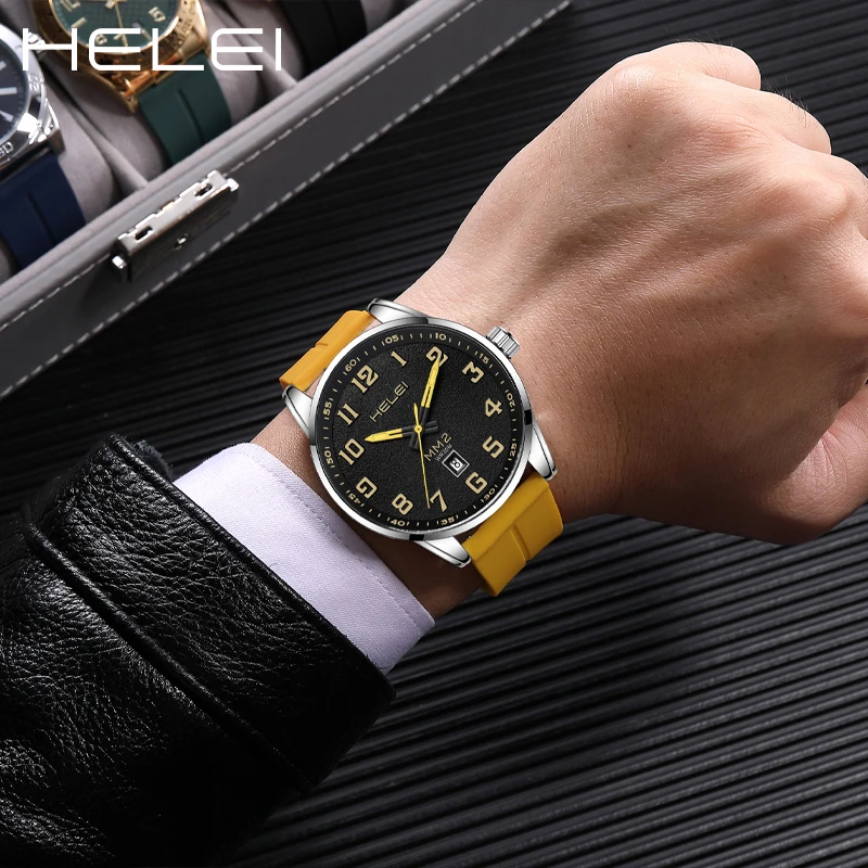 Classic HELEI brand men's watch fashion quartz wristwatch silicone calendar display high quality men's watch gift for men