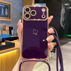 Elegant Crossbody Lanyard Necklace Case with Plating Love Heart Design - Soft Silicone Cover - iPhone 15 Plus (Deep Purple)