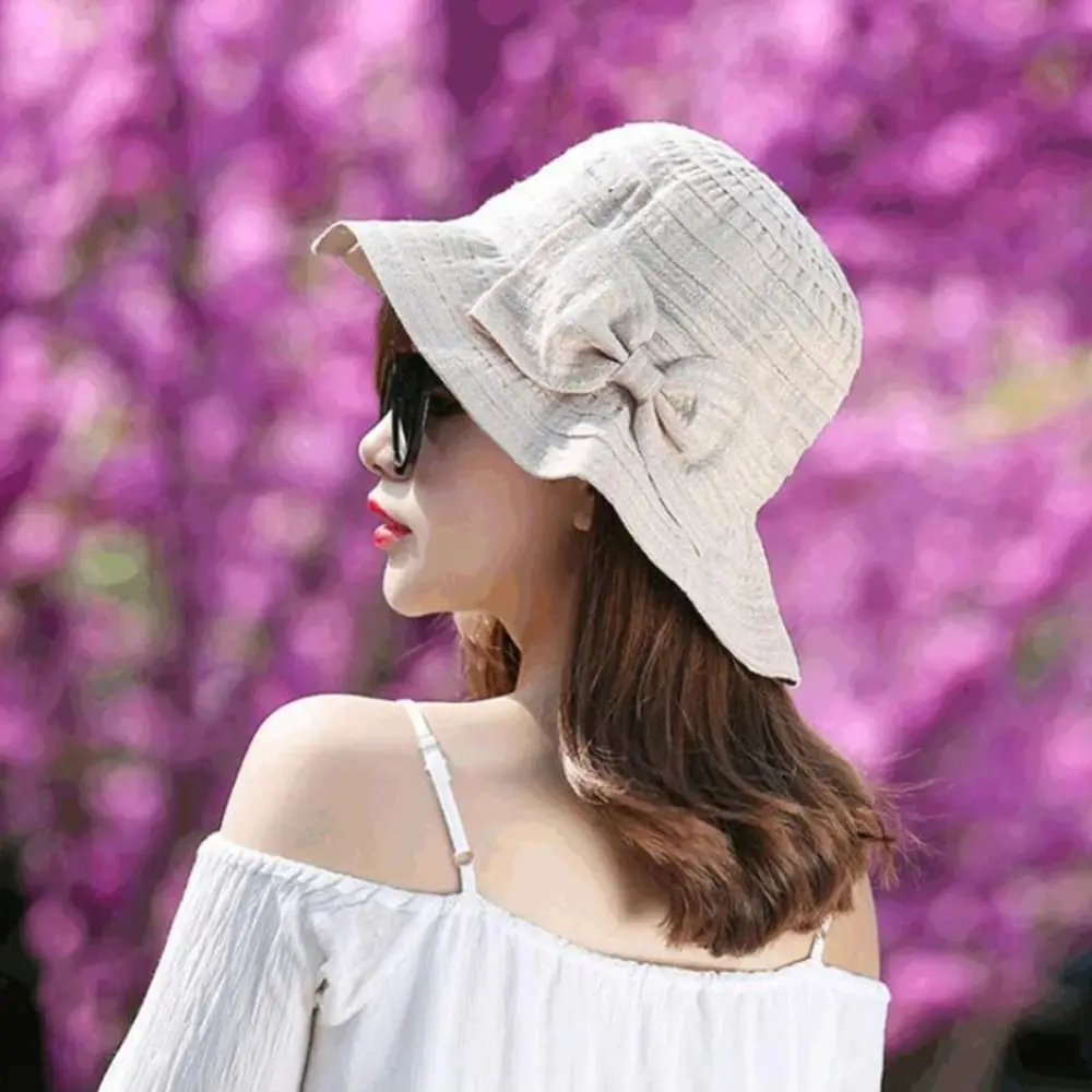 Seaside Beach Hat Cotton Sunshade Fisherman Cap Thin Wide Brim Women Bow Sun Hat Solid Color Breathable Sun Protection Lady