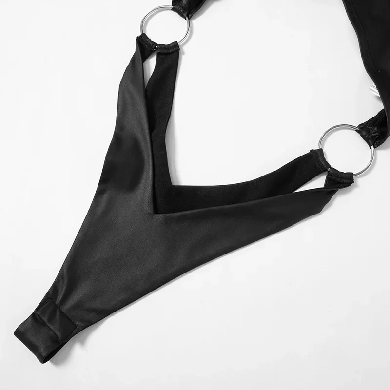 Body sexy de PU, lencería negra, top para mujer, atuendo rave, cuerpo femenino de manga corta, ahuecado, de una pieza, lencería sexy para mujer