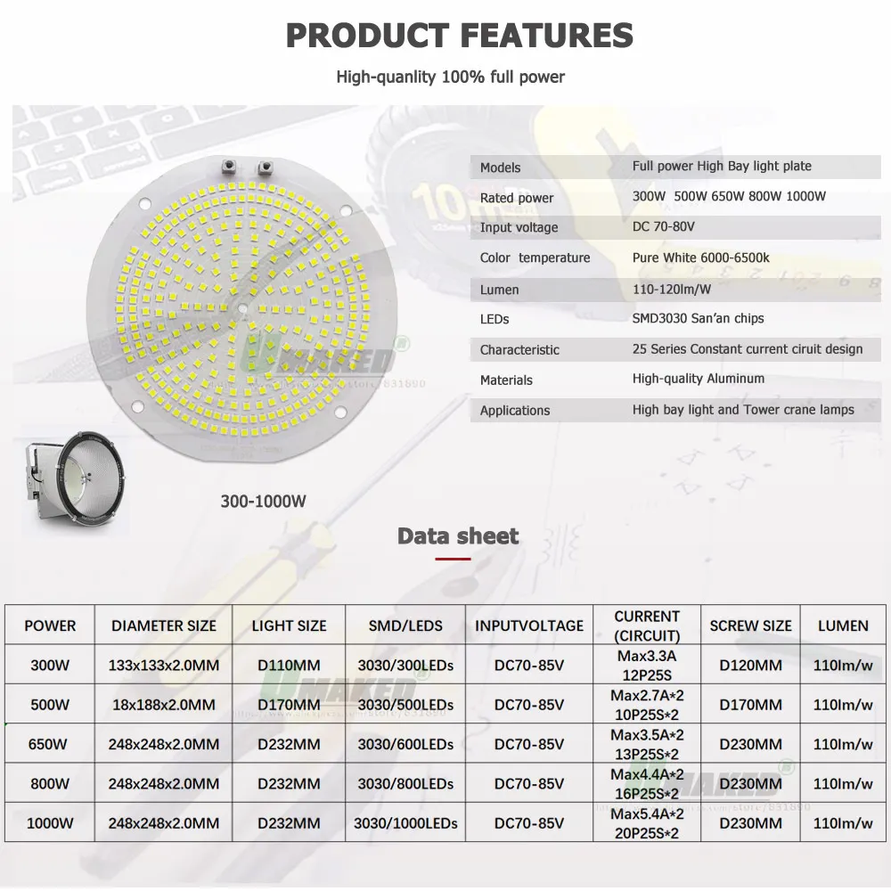 드라이버 포함 LED PCB 투광 조명 타워 크레인 램프 플레이트, 야외 하이 베이 조명 교체 키트, IP65 AC180-240V, 300W, 500W, 650W, 800W