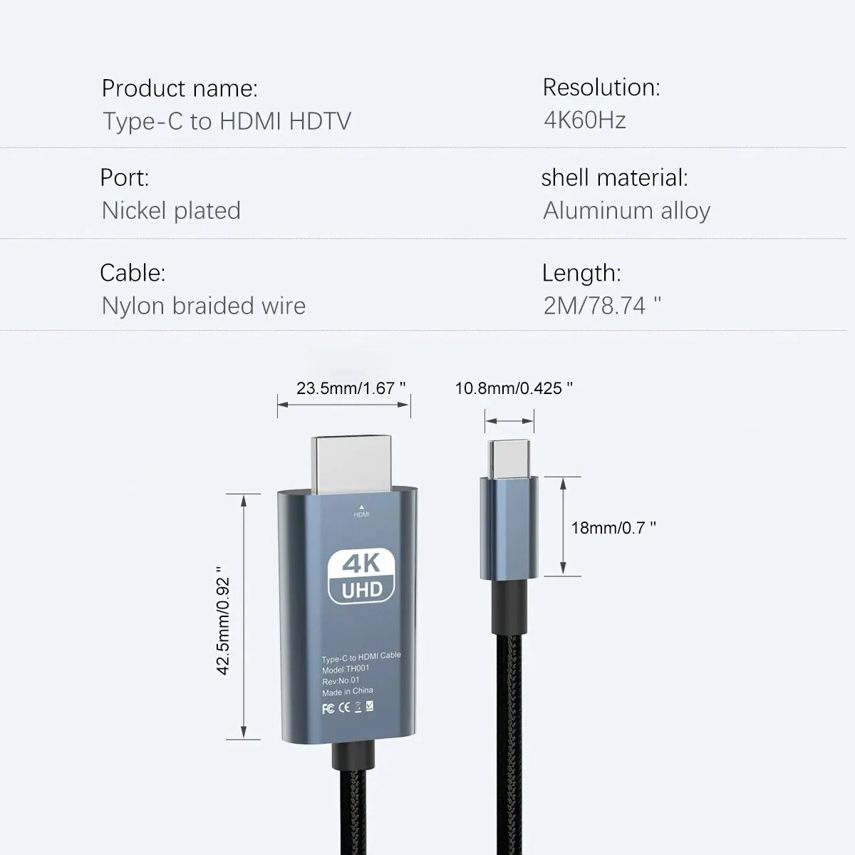 Ȩ ǽ USB C-HDTV ̺, USB C Ÿ-HDMI ̺, Ʈ 4/3,  15  ƽ ư ȣȯ, 6.6FT, 4K @ 60Hz