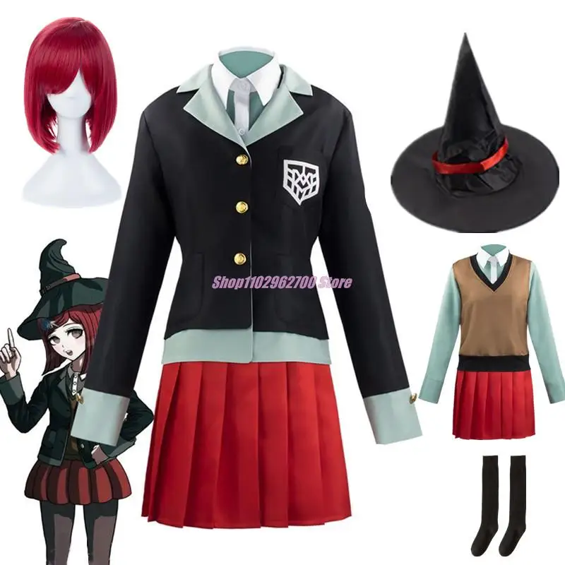 

Danganronpa Cosplay Anime Yumeno Himiko Full Costume Halloween Carnival Student Uniform Cosplay Red Wig Hat Socks Role Party