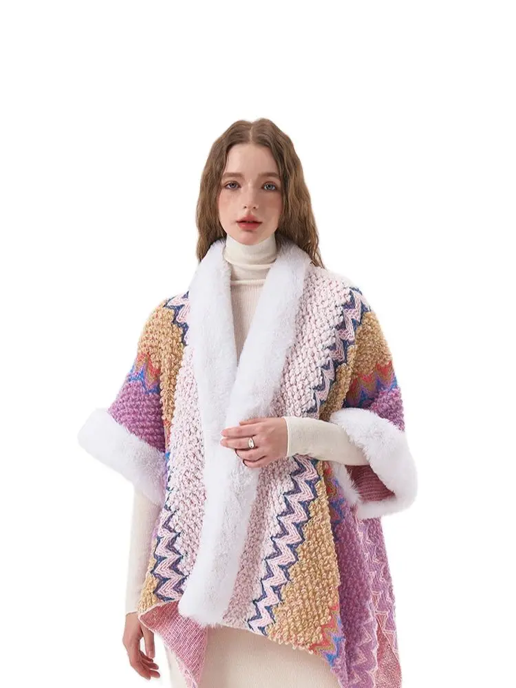 

Winter Tourism Ethnic Style Cold Proof Split Cape Fur Collar Thick Warmth Multi-functional Shawl Women Poncho Feminino Inverno