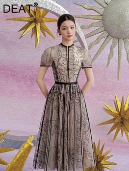 فستان شاش دانتيل مطرز برقبة دائرية للنساء ، ديكور زهور ، ثوب أنيق ، فساتين حفلات الأعياد ، موضة جديدة ، الصيف ، 35Z290 1