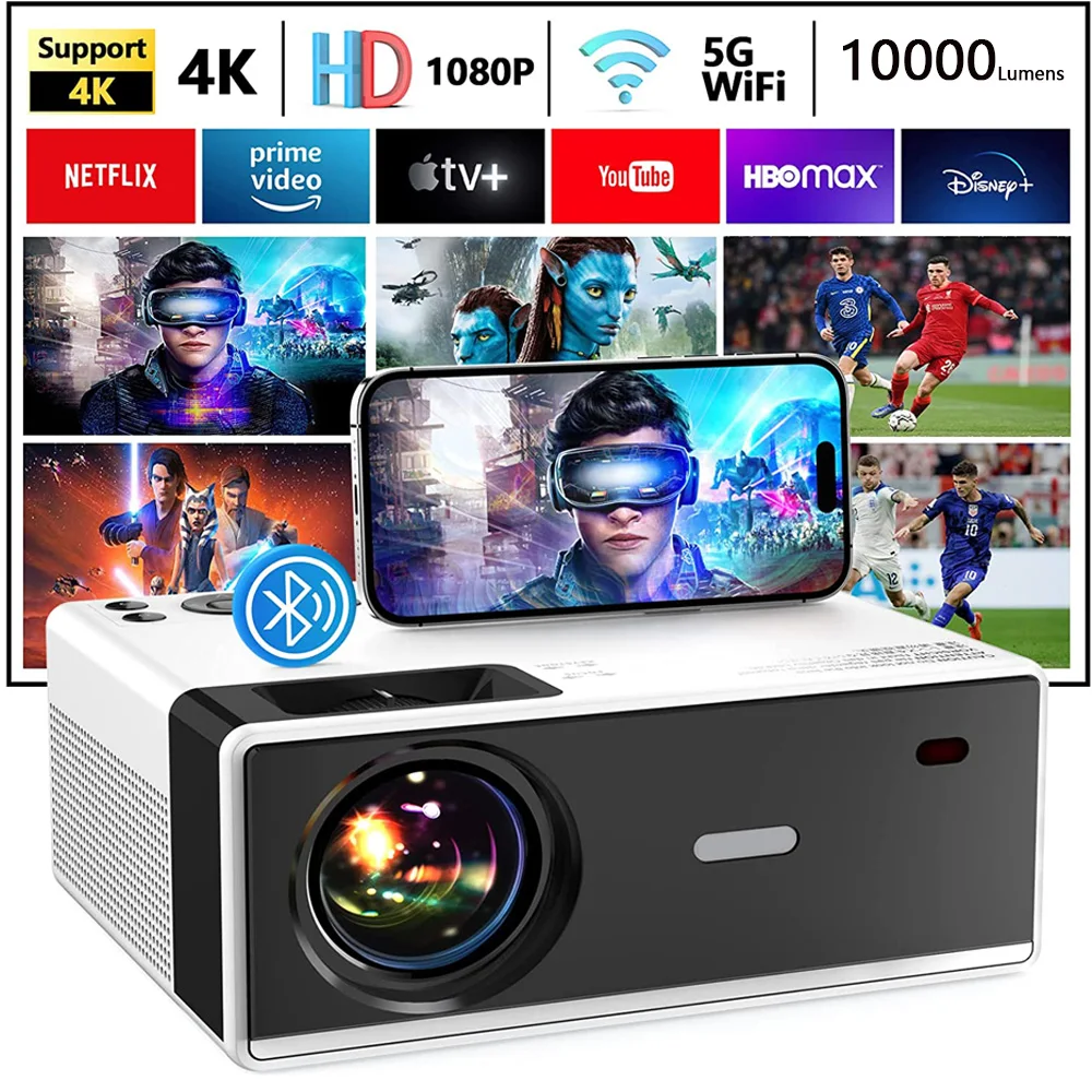 Yersida Proiettore 1080P E 4K Supporto 3D Android Iphone Ios Wifi 5G Hd Home Outdoor Film 10000 Lumen Smart Tv Progetti Portatili