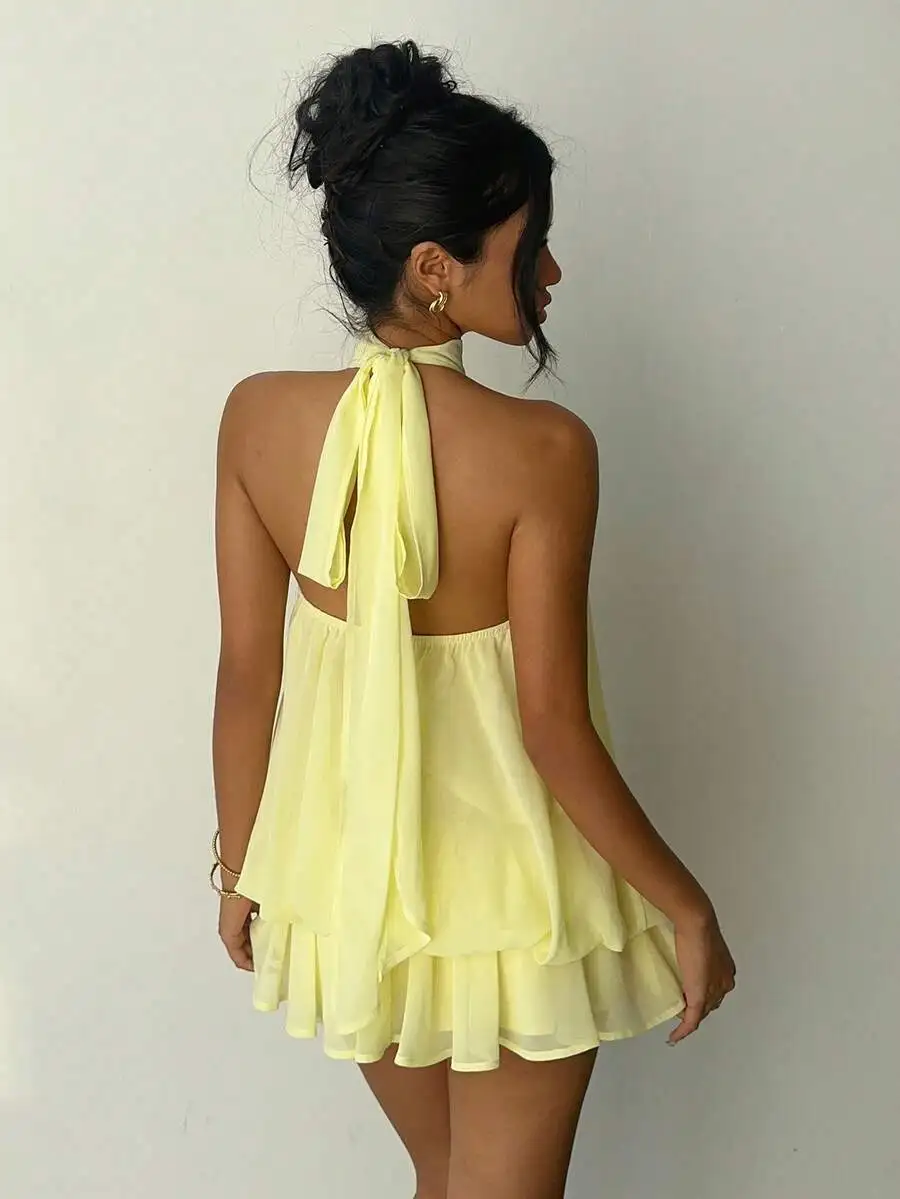 Elegante Abito Mini Estivo da Donna in Chiffon Giallo Burro con Collo Halter e Laccetti - immagine 2