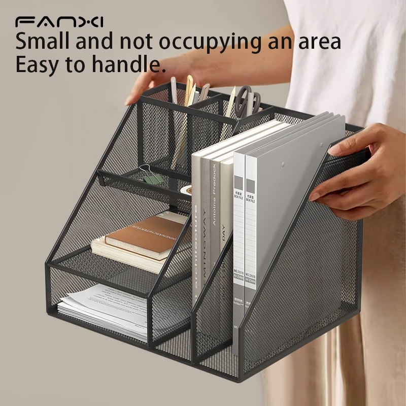 Desk Organizer with File Holder, Desk Organizers with 3 Tier Letter Trays and 2 Pen Holders, Mesh Desk Accessories & Workspace - 2