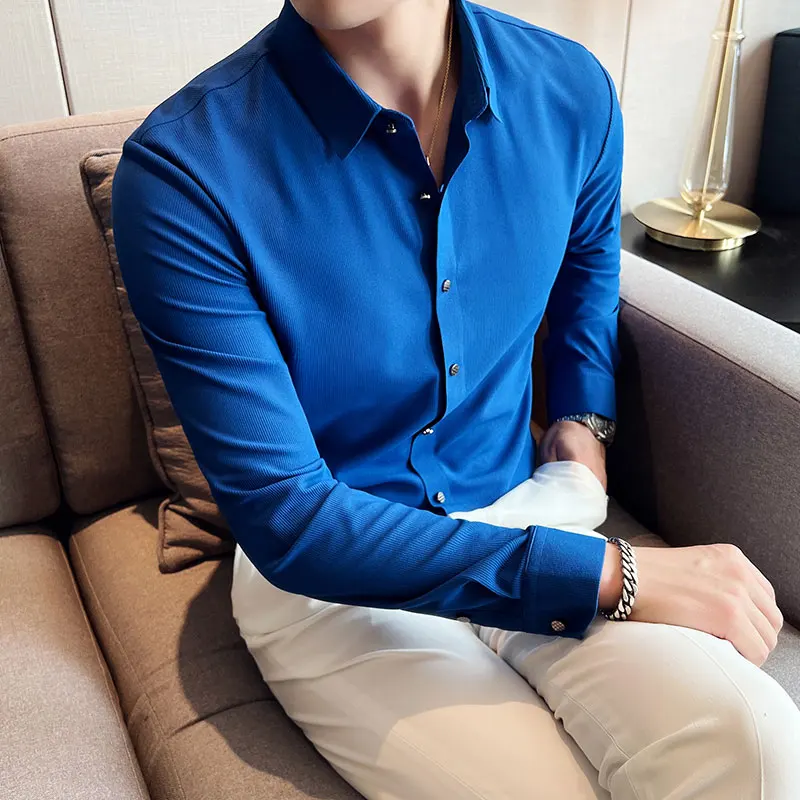 

2023 Mens Slim Fit Shirts Autumn Fashion Lapel Blouses Male Simple British Style Office Dress Casual Long Sleeve Shirt S-4XL