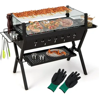 Charcoal Grill with Glass Wind Guard, Outdoor Barbecue Charcoal Grills with Seasoning Racks & Storage Shelf, Warming and Cookin 1