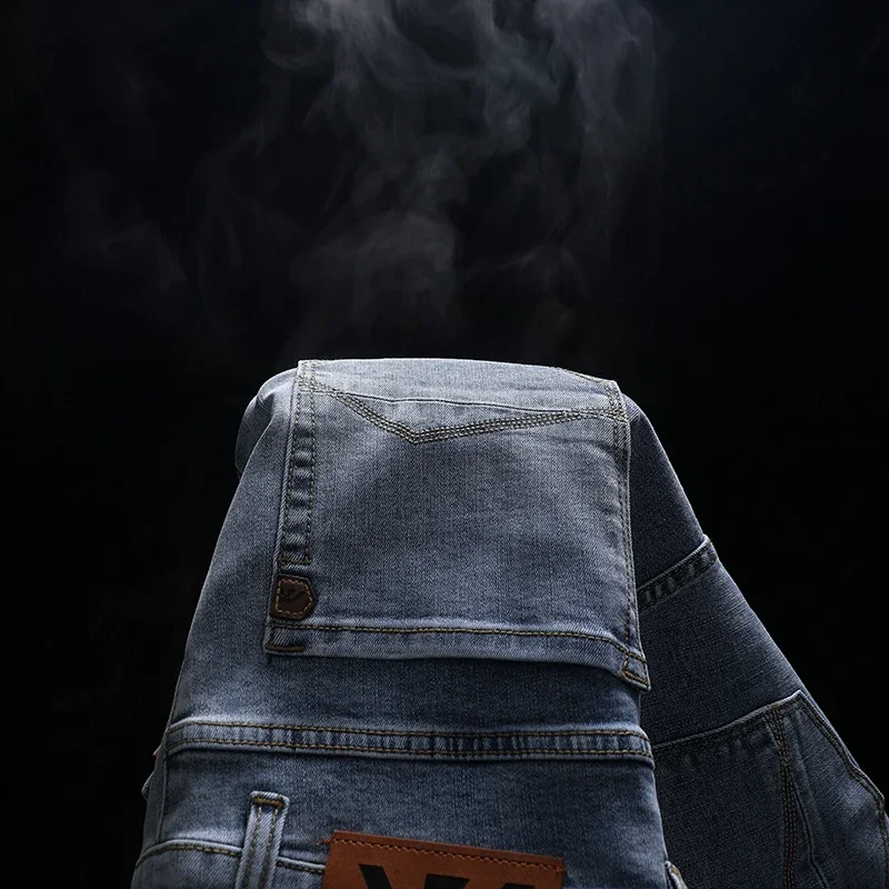 2025 Spring  Summer Brand New Men's Fit Straight Thin Cotton Stretch Jeans Classic Pocket Youth Men Lightweight Light Blue Pants 6
