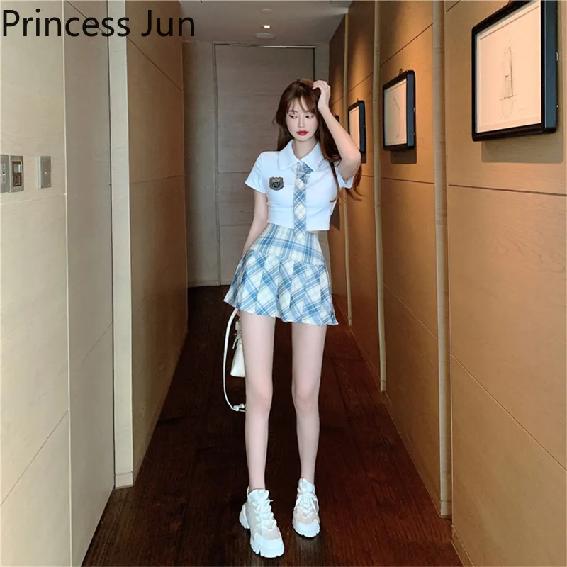 Harajuku Fashion Student Girl 2 Piece Japanese JK Outfits Slim Tied White Shirt Top&High Waist Plaid Mini Skirt 2pc Dress Suits