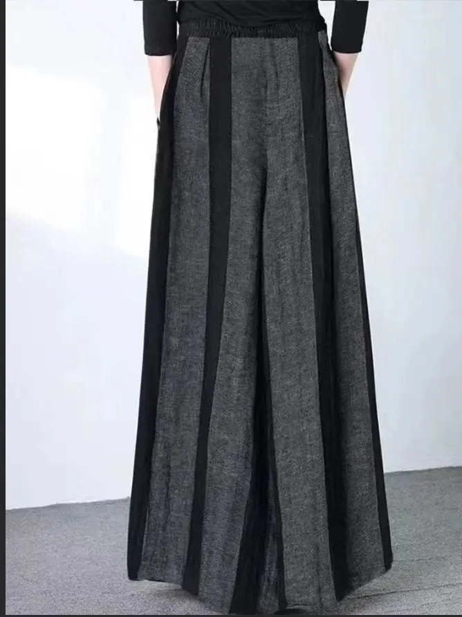 Spring Summer New Fashion Striped Loose Elastic Waist Wide Leg Pants Ladies Casual Irregular High Waist Straight Women Clothes